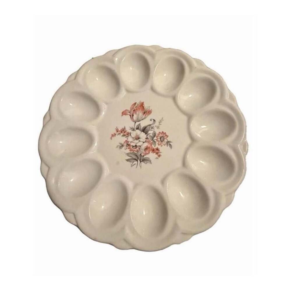 Vintage Deviled Egg Plate Floral Tulip 12 Egg Ceramic Serving Platter